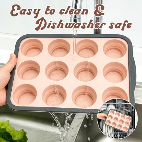 Silicone Muffin Pans for Baking with Metal Frame, 12-Cup Silicone Muffin Pan, BPA-Free Nonstick Coating, Easy Release & Clean, Oven & Dishwasher Safe ,Versatile for Baking, Custards & Cupcakes(Pink) - size: 12-Cup