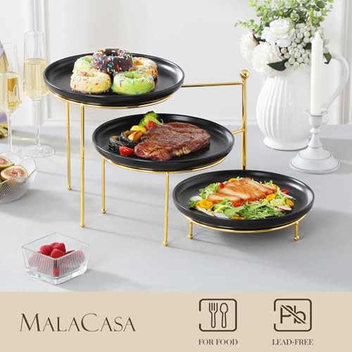MALACASA Round 3 Tier Serving Tray,10.25 Inch Black Porcelain Dessert Stand - color: Black Gold