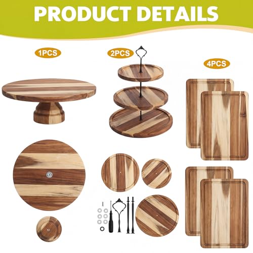 RattanView 7 Pcs Wooden Dessert Display Set 3 Tier Stands Trays, Brown - color: Brown