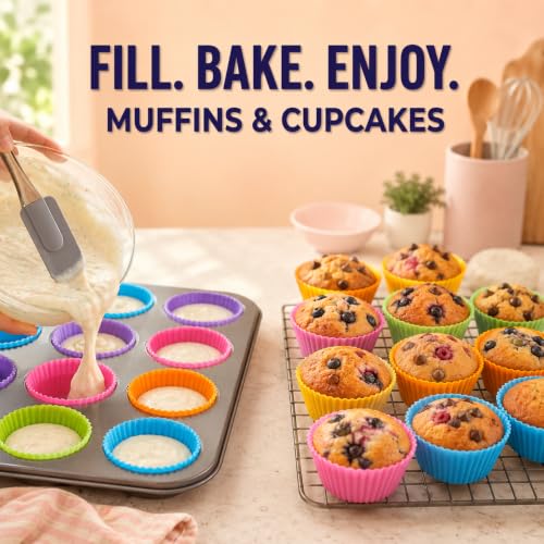 Reusable Silicone Baking Cups, 12 Pack Non-Stick Muffin Liners