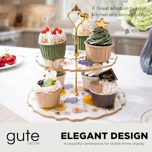 GUTE Floral Cupcake & Cake Dessert Stand, Resin Flower Tower - 2 Tier Stand Tray - Large Pretty Botanical Floral Stands for Desserts Table, Gold Handle, Fruits Candy Buffet Serving Trays