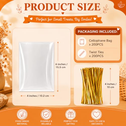 WIKDAY Clear Cellophane Cookie Bags with Twist Ties, 4x6 Inches, 200 Pack - size: 1 Count (Pack of 200)
