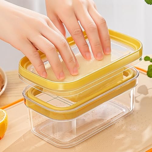 UNIVIVO 280g Butter Slicer Cutter and Airtight Container for Fridge, 2-in-1 PC Butter Dish with Stainless Steel Wires for Easy Portion Control, Slices After 15-20 Mins Softening, Clear Butter Keeper - size: Medium-Yellow