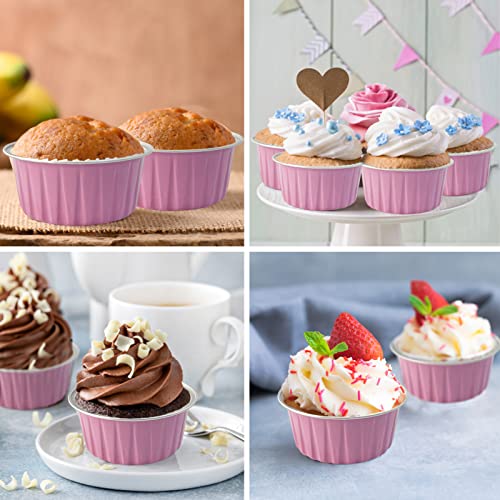 100Pcs Aluminum Cups with Lids,5oz Disposable Ramekin Baking Cups Muffin Liners Mini Pie Pans Foil Cupcake Containers for Christmas Party Wedding,Pink - color: Pink