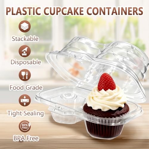 50 Pack Plastic Cupcake Containers with Lids, Disposable 2 Count