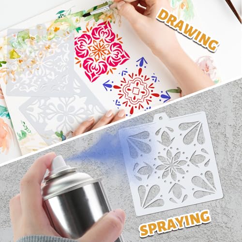 Whaline 15 Pcs Floral Tile Cookie Stencils Chinoiserie Toile Tiles Airbrush Painting Stencils with Bead Chain Decor Biscuit Coffee Cake Baking Reusable Templates for DIY Crafts Birthday Party - style: Tile