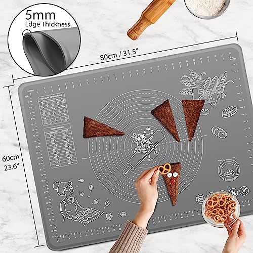 Silicone Baking Mat 32x24 inch, Extra Thick Non-stick Pastry Mat with Measurements and Edge Heightening, Food Grade Silicone for Countertop Dough Rolling Making Bread, Cookies, Pizza, Fondant, Pasta - color: Dark Gray, size: 32"L x 24"W