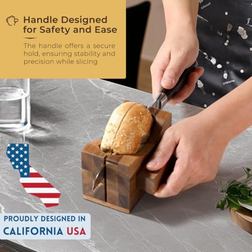 Annie & Mia Design Premium Acacia Wood Bagel Slicer For Large Bagel Stylish Hand Crafted Wood Bagel Cutter With Ergonomic Designed Handle Grip