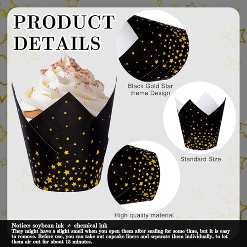 FYSUIMU 200Pcs Graduation Black Gold Star Tulip Cupcake Liners Foil Gold Star Muffin Baking Cups Cupcake Wrappers for Congrats Grad Holiday Birthday Party Supplies
