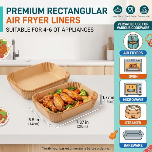 Air Fryer Liners Disposable Rectangular. 125pcs Virgin Pulp Parchment Paper for 4qt-8qt Air Fryer.Food Grade,Non-stick, Oil-proof & Heat Resistant for Baking,Microwave,Cooking & Deep Fryer Accessories