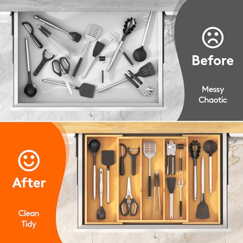 Lifewit Bamboo Kitchen Drawer Organizer, Cooking Utensil Silverware Tray - color: Natural, size: 5 Slot(15.6~28''W x 18.5'' D)