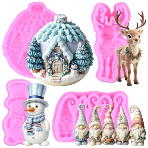 Mujiang Christmas Silicone Molds Snowman Gnome Deer Fondant Mold Set of 4 - color: Style F