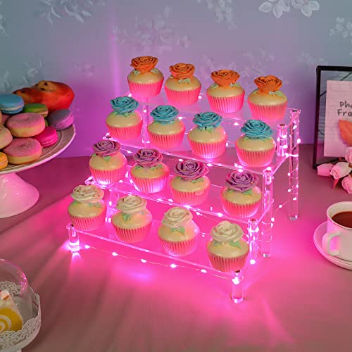 YestBuy Display Shelf Cake Stand – 4 Tier Shelf Cupcake Stand – Multifunctional and Durable Acrylic Stand – Mounting Hardware Included – Ideal for Desserts, Cosmetics, Glassware, Figurines - color: Clear（Pink Light）, size: 4 Tier - 1 Pack