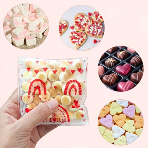 ZYLOP Valentines Cookie Bags - 100PCS 4x4 In Red Self-Sealing Valentine's Cellophane Treat Bags for Candy Snacks,Small Gifts, Clear Goodie Bags for Valentine's Day, Birthday, Party Favors - 2.8 Mil - color: Red Heart 100pcs
