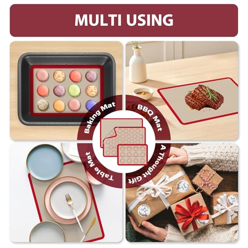 Silicone Baking Mat Set of 3, Non-Stick 2 Half & 1 Quarter Macaron Sheets - color: Red, size: 2Half Sheets+1Quarter ( Macaron )