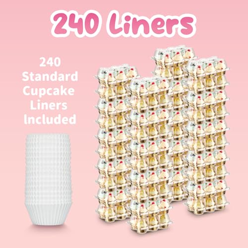 (6 Count x 40 Sets) Stackable Cupcake Containers with 240 Pack Liners, Plastic Cupcakes Boxes Holders for 6 cakes, High Tall Dome Lid Cupcakes Carrier, Clear Cupcake Trays/Containers/Holders