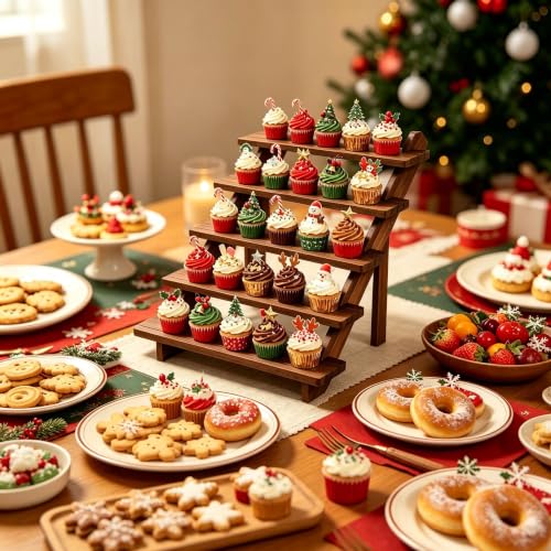 Wood Display Stand 5 Tiered Cupcake Dessert Display Snack Stepped Rack Wooden Tiered Cookie Display Table Trays Food Display Risers for Christmas Party Vendor Wedding Farmhouse Decor (5 Tier) - size: 5-Layer Cake Rack