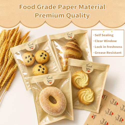 100 Pack Self Sealing Cookie Bags with Seal, 5.7x6.5 Inch Kraft Paper Bakery Bags with Window, Grease Resistant To Go Sleeves for Bake Sale Pastry, Brownie, Treat, Baked Goods Packaging - size: 5.7" x 6.5"