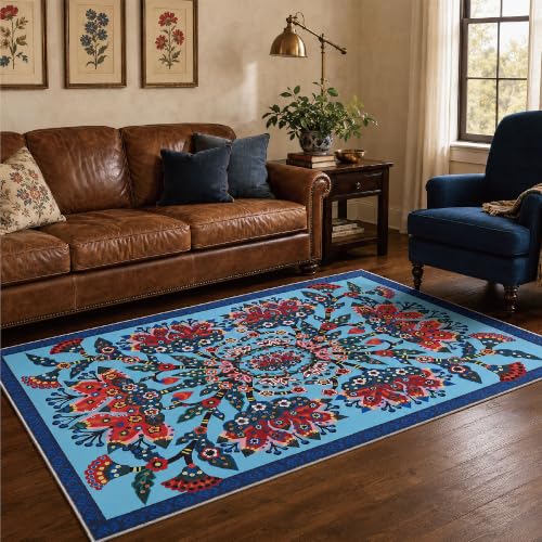 Lotus Area Rug 4x6 Washable Accent Rug - color: Blue Flower, size: 4' x 6' (Rectangular)