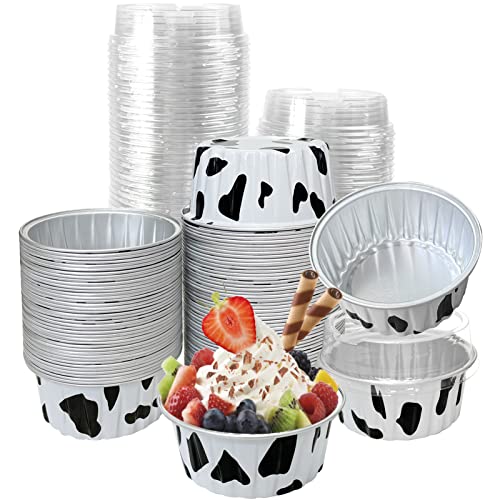 100Pcs Aluminum Cups with Lids,5oz Disposable Ramekin Baking Cups Muffin Liners Mini Pie Pans Foil Cupcake Containers for Christmas Party Wedding Party,Cow Print - color: Cowprint