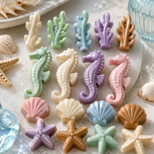 2 Pack Marine Theme Cake Silicone Mold Ocean Silicone Mold Ocean-Themed Baking Molds with Seahorse Starfish Seashell Coral Designs for Chocolate Candy Handmade Soap Resin Epoxy Fondant Ice Cube DIY - size: 17 Cavity