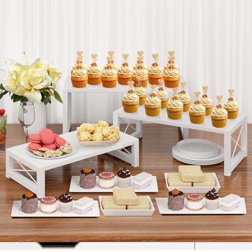 ELITEROO White 3-Tier Cupcake Stand & Wooden Display Riser, Dessert Stand for Cupcakes, Food, Perfume, Makeup, Dolls, Collectibles, Multi-Tiered Shelf Organizer for Market Vendors & Retail Display - color: 3 Tier, White