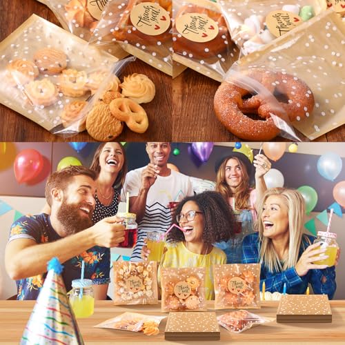 Fuyoooo 50 Pcs Self Adhesive Cookie Bags Cellophane Polka Dot Treat Bags Small Plastic with Thank You Stickers for Party Gift Giving Bakery Biscuit Candy Pastry (5.6 x 5.6 Inch) - size: 5.6 x 5.6 inch