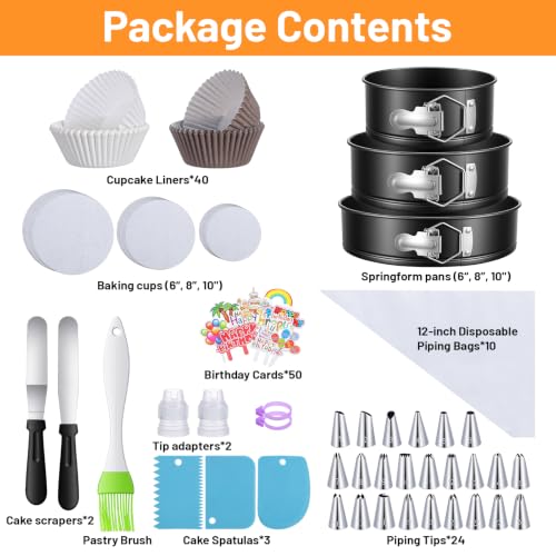 168pcs Cake Pan Set, 6 8 10 Inch Non-Stick Springform Pans Set, Leakproof Cheesecake Pan with Complete Cake Decorating Supplies Kit, Icing Tips, Baking Kit for Beginners & Home Bakers