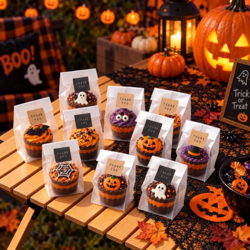 Halloween Treat Bags,100 Pack Cookie Bags with Stickers,9 x 3.4 in - color: Fog Color, size: 9 x 3.3 inches (Pack of 100)