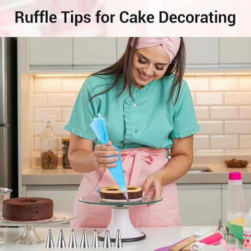 9 Pcs Reusable Piping Bags and Tips Set, Stainless Steel Ruffle Large Piping Tips with Pastry Bag Cake Decorating Tips for Cupcakes Cookies Cake Decoration Tools