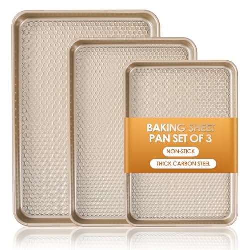 Baking Sheet Pan Set of 3, Nonstick Carbon Steel Cookie Sheets with Texture - color: Textured Champagne Gold