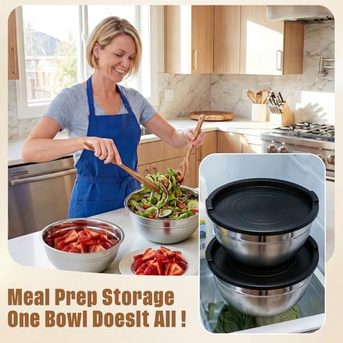 Geetery 6 Pack Stainless Steel Mixing Bowls with Airtight Lids 3qt Metal Mixing Bowl Thicker Stainless Steel Salad Bowls for Food Prep, Baking, Storage, Cooking, Serving Dishwasher Safe - color: Black Lid