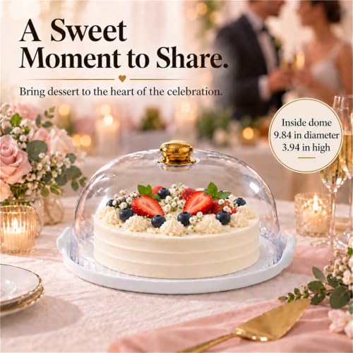 11.4-Inch Ceramic Cake Stand with Lid, White Round Cake Plate with Clear Acrylic Dome Cover for Cakes, Cookies, Pastries and Fruit