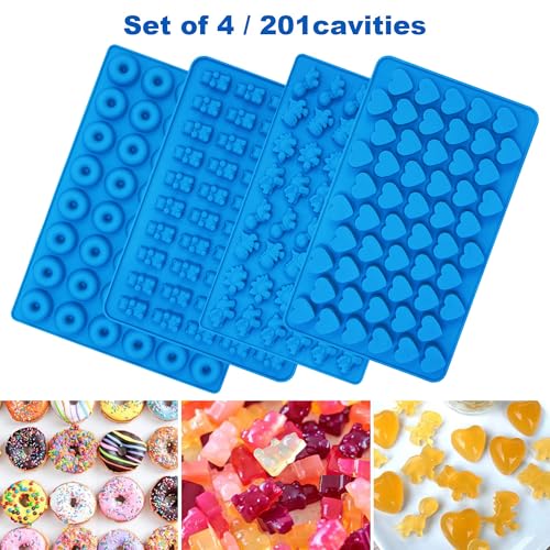 Sidosir 4Pcs Gummy Candy Bear Molds, Non-stick Silicone Chocolate Mold for Dinosaur, Donut, Heart, Silicone Candy Molds with 2 Droppers - color: 4Shapes+2Droppers
