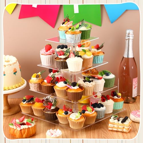 Tiered Cupcake Display Stand Rotatable Cake and Cupcake Tower Stand Combo Clear Acrylic Cake Holder with Tiered Tray for Dessert Pastry Birthday Wedding Party Table(4 Tire and Rectangle) - color: 4 Tire and Rectangle