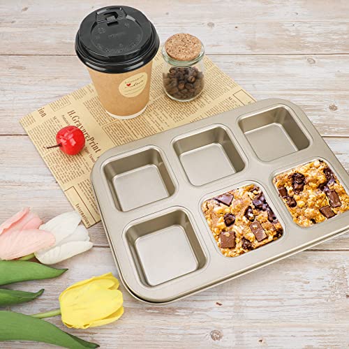 Beasea Mini Brownie Pan, 2 Pack 6 Cavity Gold Square Inidividual Brownie Muffin Cake Cutter Pan Mini Cheesecake Cupcake Bakeware Carbon Steel Brownie Baking Tray Bakeware for Oven Baking - color: Gold Brownie Mini
