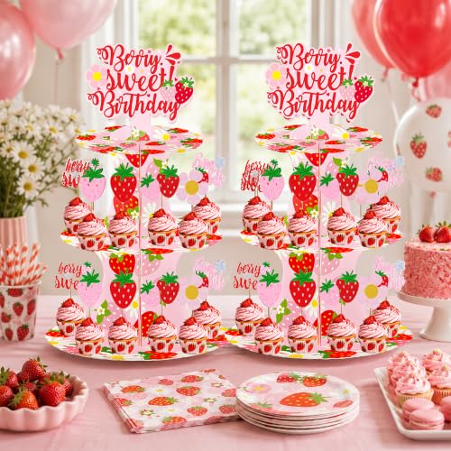 Berry Sweet Birthday Cupcake Stand Set, 12 Glitter Cupcake Toppers