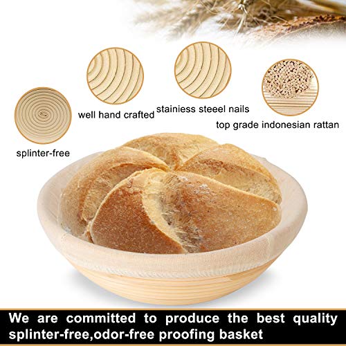 Banneton Bread Proofing Basket - Banneton Basket Set of 2 Pack 10 inch Round Sourdough Proofing Basket with Liner - Handmade Rattan Proofing Rising Bowl for Artisan Bread Making Baking Supplies