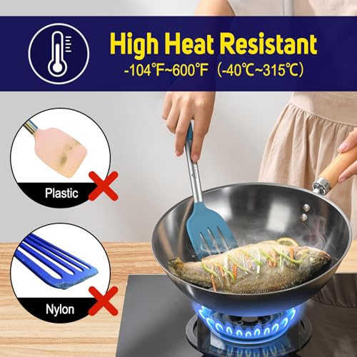 HOTEC Silicone Spatula Set of 2 Heat-Resistant 600°F & BPA-Free Kitchen SaptulaTurner with Stainless Steel Handles, Slotted & Solid Spatulas for Nonstick Cookware, 13.7 Inch, Blue - color: Blue
