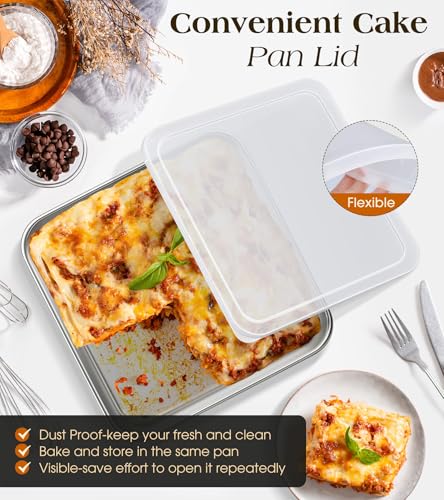 304 Stainless Steel Baking Pan with Lid, 12⅓ x 9¾ x 2 Inch Rectangle Sheet Cake Pans with Covers, Commercial Grade Bakeware for Cakes Brownies Casseroles, Non-toxic & Heavy Duty & Dishwasher Safe - size: 12.4" x 9.6"（1Pan+1Lid）