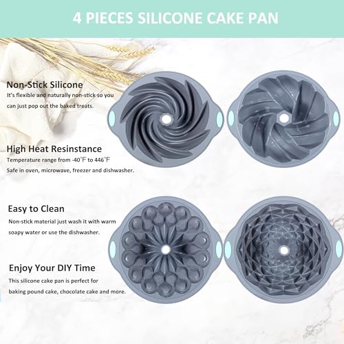 Tongjude 4 Pieces Silicone Fluted Cake Pans, 9/10/12 Cups Tube Baking Pan, Silicone Molds for Homemade Cake, Bread and Jello, Non-Stick, Grey - size: 4pcs fluted cake pans (9/10/12 Cups)
