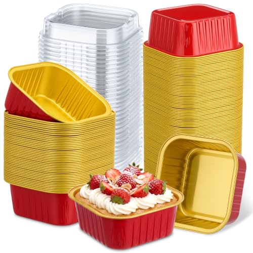 Skylety 100 Pcs 5oz Mini Square Cake Pans with Lids, Red, Gold - color: Red,Gold