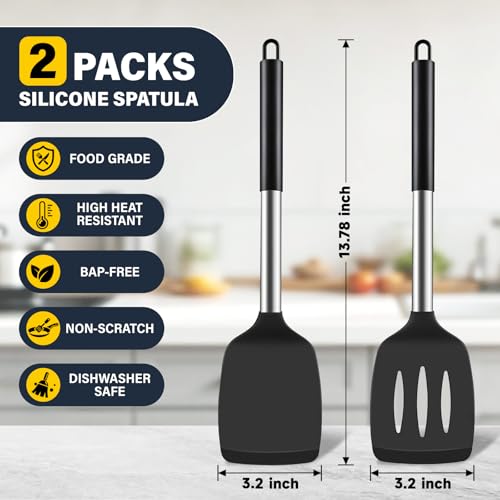 2 Pack Silicone Spatula Set, Solid & Slotted Turner for Non-Stick Pans - color: Black