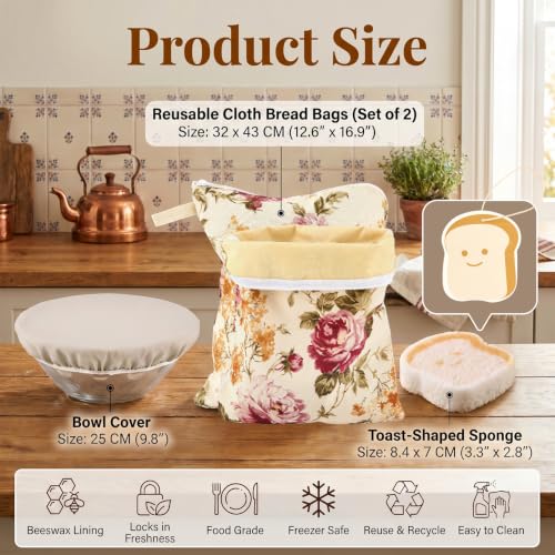 4-Pcs XL Beeswax Bread Bag Set: 2 Bags, Bowl Cover & Cleaning Sponge - color: Flower