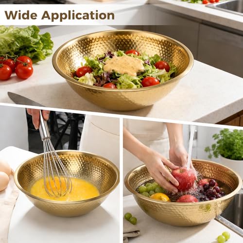 Joyibay 4 Pcs 13 Inch Gold Stainless Steel Salad Bowl Set, 8-Pc Utensil Set - color: 4pcs Gold Stainless Steel Bowl Set