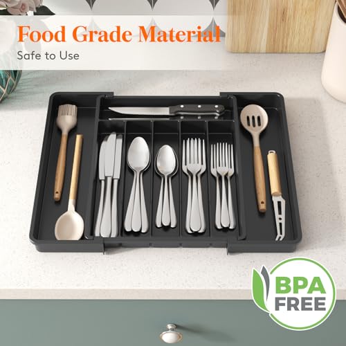 Lifewit Expandable Silverware Drawer Organizer, Kitchen Utensil Tray - color: Black, size: Large (11-18''W x 14''D)