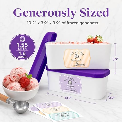 Set of 2 Reusable Ice Cream Tub Containers 1.6 Quart Ea. with Lids