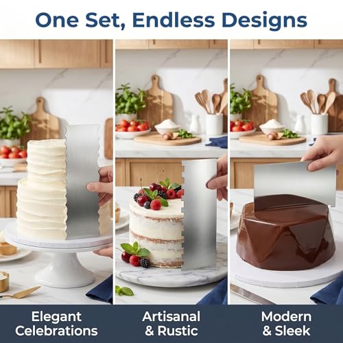 3 Pack Stainless Steel Cake Scraper Set, 8.66 Inch Double-Sided Pattern Edge Cake Decorating Combs for Buttercream, Frosting, Mousse and Baking Projects