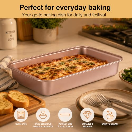 9x13 Baking Pan & Dish, 13x9 Nonstick Rectangle Cake Pan, Rose Gold