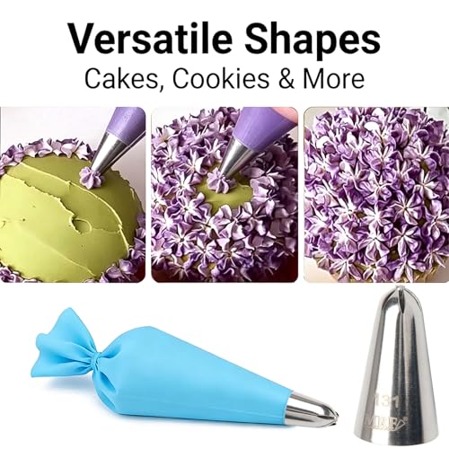 131 Icing Tips Stainless Steel Piping Tips 6 Petal Floral Piping Flower Icing Tip with Reusable Silicone Piping Bag – Cake Decorating Supplies for Cupcakes, Cookies and Baking